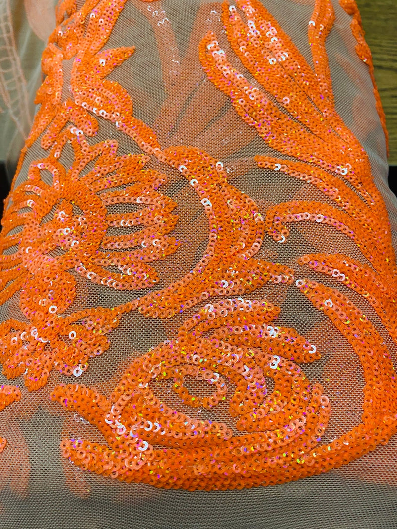 Big Damask Sequins Fabric - Neon Orange - 4 Way Stretch Damask Sequins Design Fabric By Yard