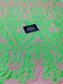 Big Damask Sequins Fabric - Neon Green - 4 Way Stretch Damask Sequins Design Fabric By Yard