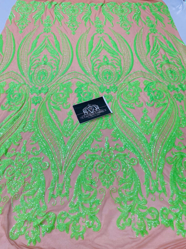 Big Damask Sequins Fabric - Neon Green - 4 Way Stretch Damask Sequins Design Fabric By Yard