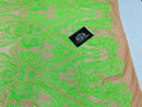 Big Damask Sequins Fabric - Neon Green - 4 Way Stretch Damask Sequins Design Fabric By Yard
