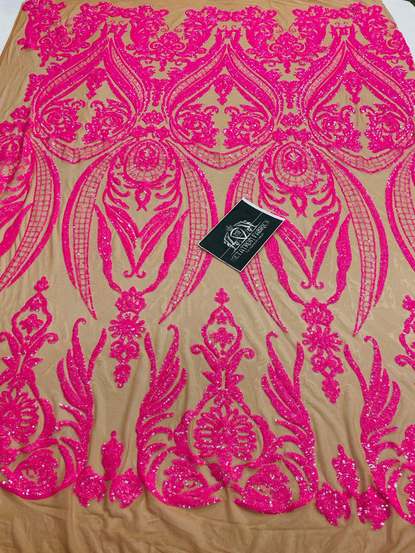 Big Damask Sequins Fabric - Neon Magenta - 4 Way Stretch Damask Sequins Design Fabric By Yard