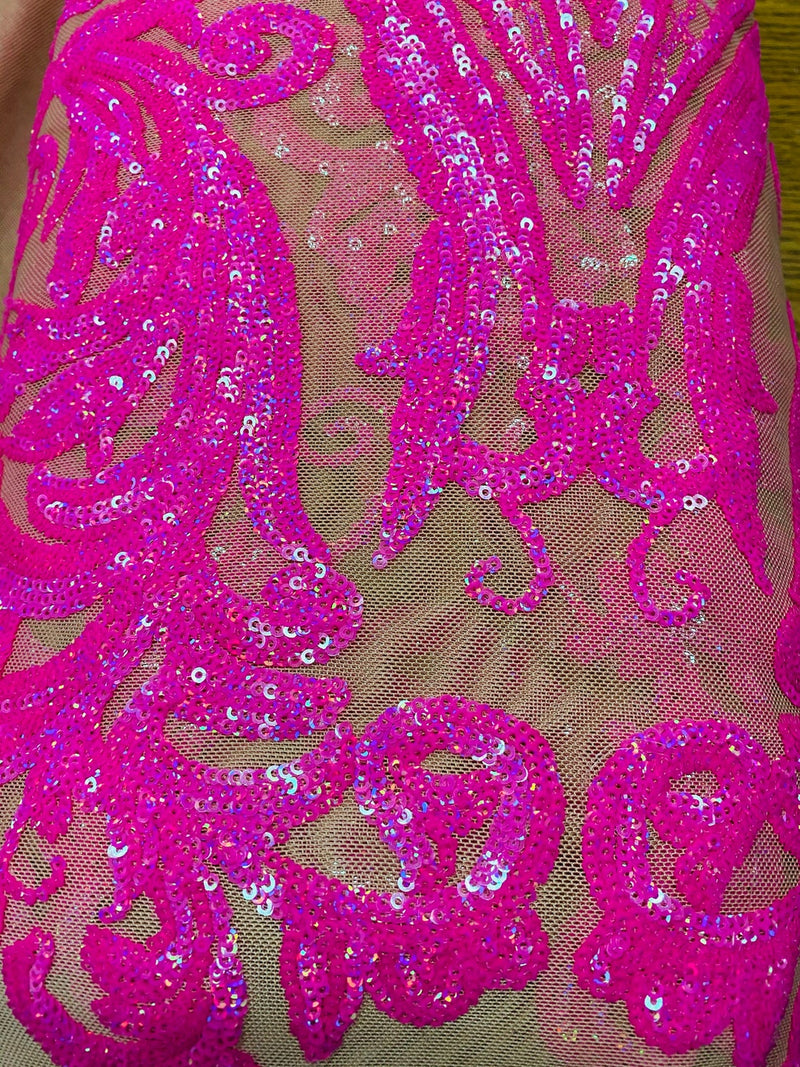 Big Damask Sequins Fabric - Neon Magenta - 4 Way Stretch Damask Sequin