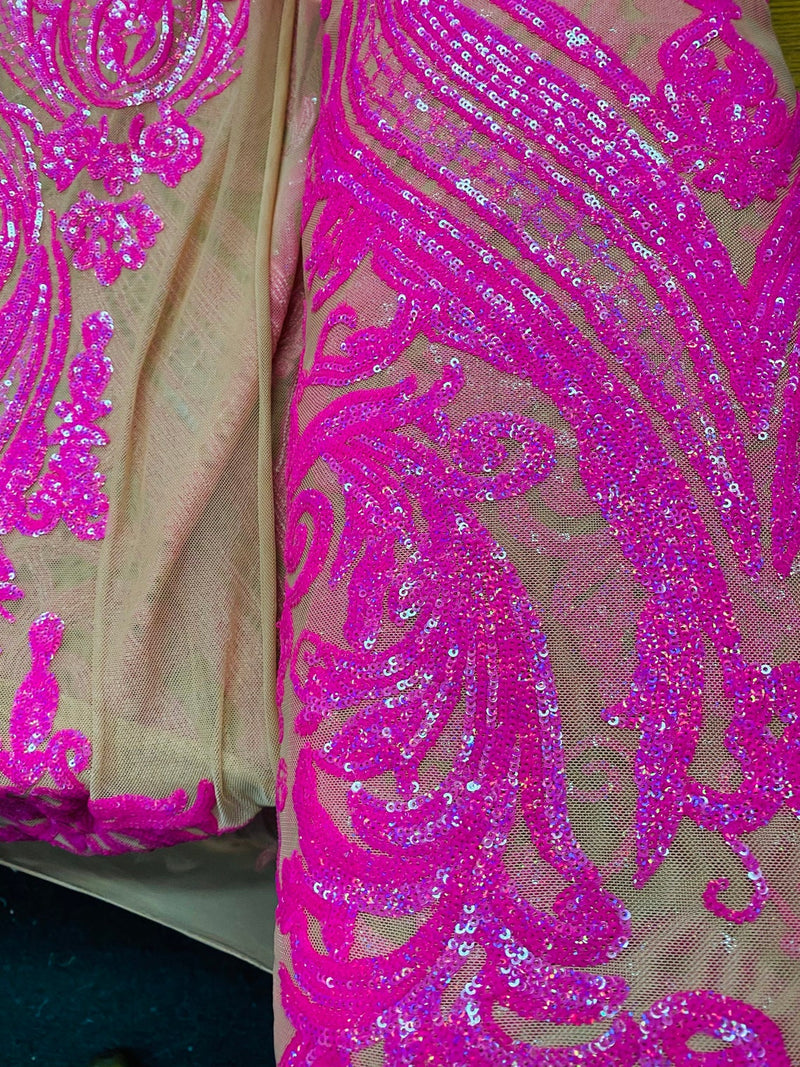 Big Damask Sequins Fabric - Neon Magenta - 4 Way Stretch Damask Sequins Design Fabric By Yard