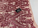 Big Damask Sequins Fabric - Dusty Rose - 4 Way Stretch Damask Sequins Design Fabric By Yard