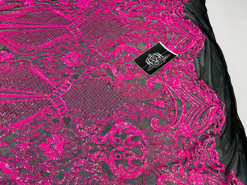 4 Way Stretch Fabric - Neon Pink - Fancy Pattern Design Sequins Fashion Fabric Mesh By Yard