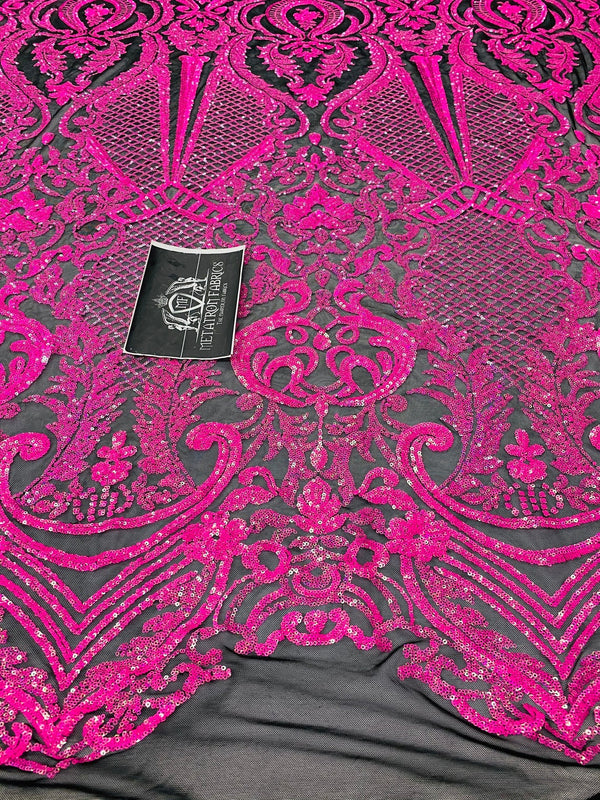 4 Way Stretch Fabric - Neon Pink - Fancy Pattern Design Sequins Fashion Fabric Mesh By Yard