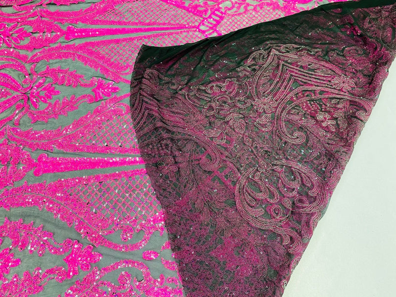 4 Way Stretch Fabric - Neon Pink - Fancy Pattern Design Sequins Fashion Fabric Mesh By Yard