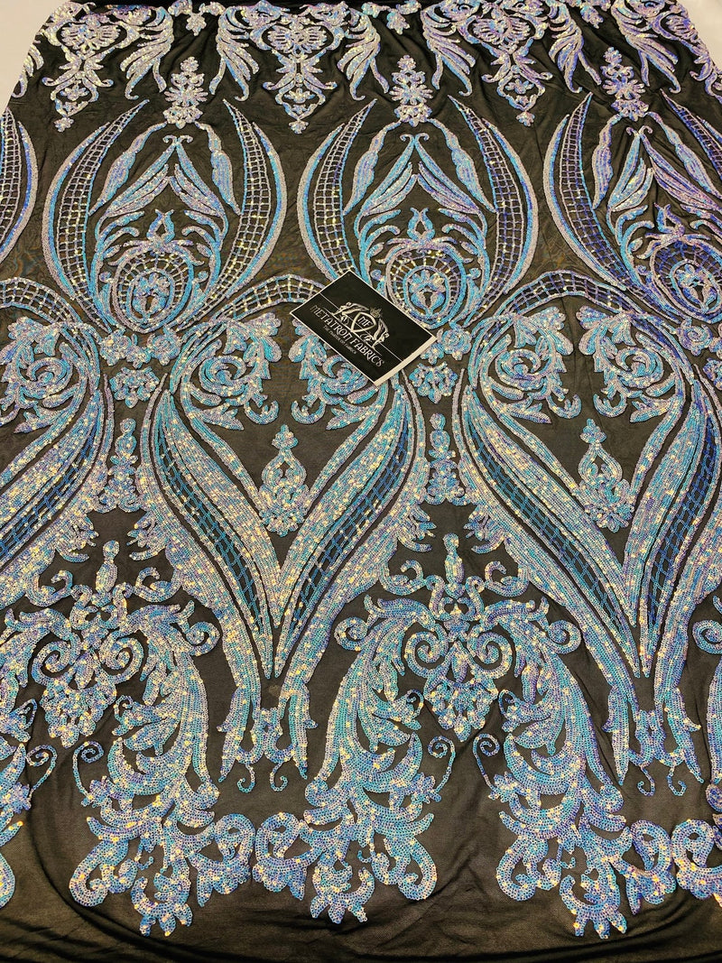 Big Damask Sequins Fabric - Iridescent Blue - 4 Way Stretch Damask Sequins Design Fabric By Yard