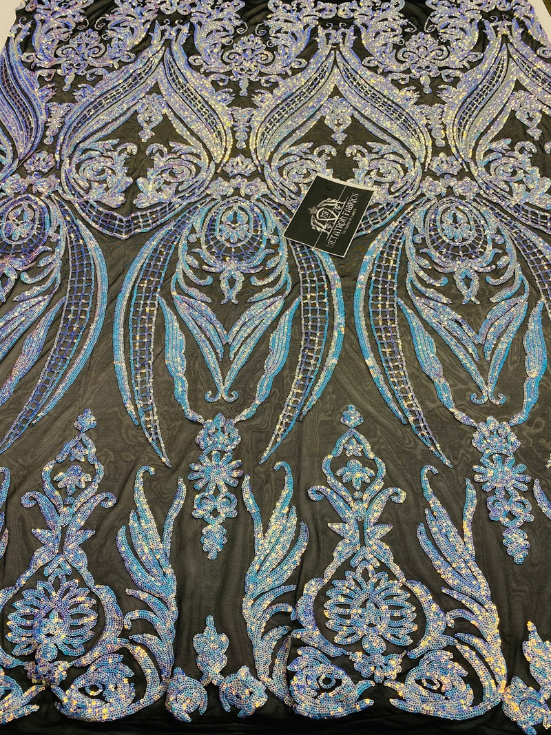 Big Damask Sequins Fabric - Iridescent Blue - 4 Way Stretch Damask Sequins Design Fabric By Yard