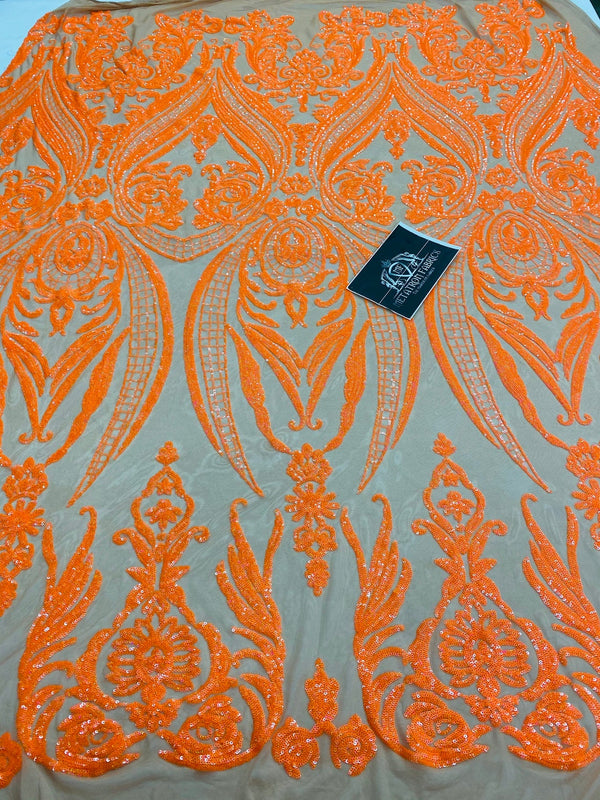 Big Damask Sequins Fabric - Neon Orange - 4 Way Stretch Damask Sequins Design Fabric By Yard