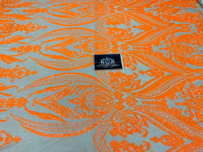 Big Damask Sequins Fabric - Neon Orange - 4 Way Stretch Damask Sequins Design Fabric By Yard