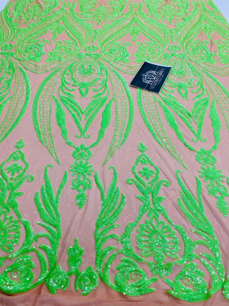Big Damask Sequins Fabric - Neon Green - 4 Way Stretch Damask Sequins Design Fabric By Yard