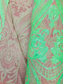 Big Damask Sequins Fabric - Neon Green - 4 Way Stretch Damask Sequins Design Fabric By Yard