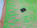 Big Damask Sequins Fabric - Neon Green - 4 Way Stretch Damask Sequins Design Fabric By Yard