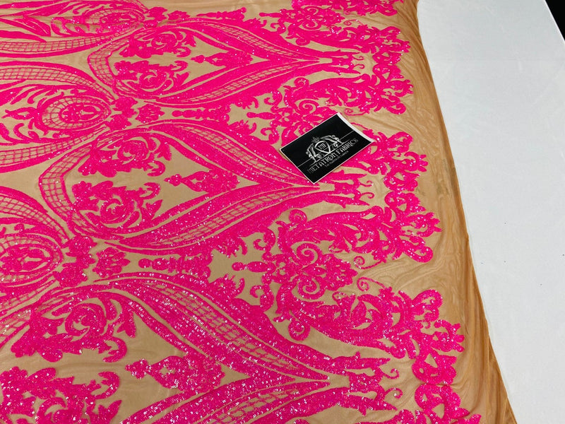 Big Damask Sequins Fabric - Neon Magenta - 4 Way Stretch Damask Sequins Design Fabric By Yard