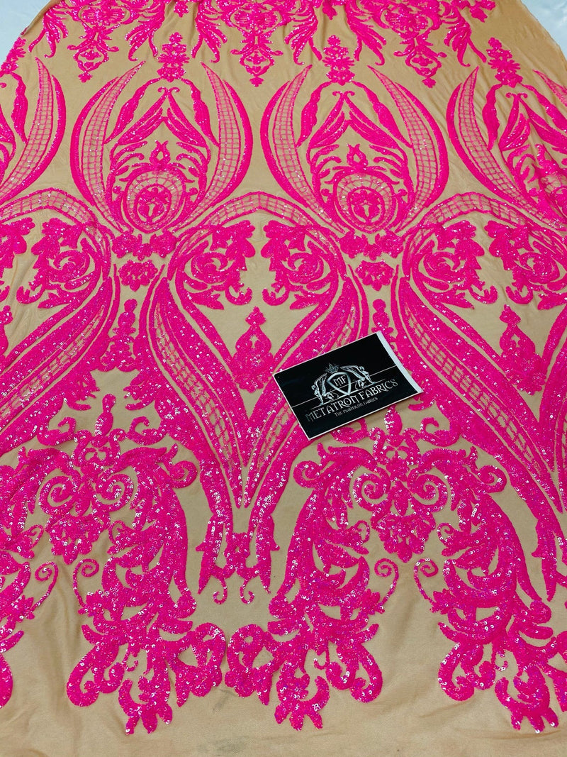 Big Damask Sequins Fabric - Neon Magenta - 4 Way Stretch Damask Sequins Design Fabric By Yard