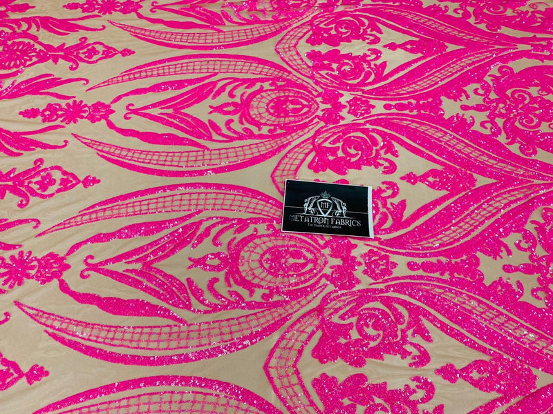 Big Damask Sequins Fabric - Neon Magenta - 4 Way Stretch Damask Sequins Design Fabric By Yard