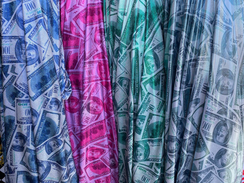 Money Print Fabric - Light Blue Metallic - 100 Dollar Bills Stretch Spandex Fabric By The Yard