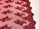 Beaded Bridal Lace - Red - Sold By The Yard Floral Embroidered Sequins Wedding Fabric