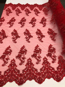 Beaded Bridal Lace - Red - Sold By The Yard Floral Embroidered Sequins Wedding Fabric
