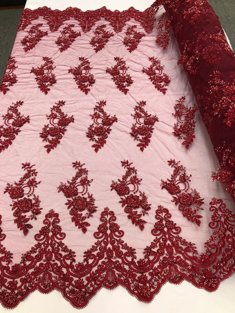 Beaded Bridal Lace - Burgundy - Sold By The Yard Floral Embroidered Sequins Wedding Fabric