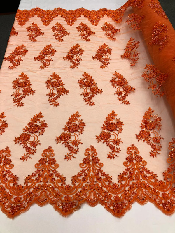 Beaded Bridal Lace - Orange - Sold By The Yard Floral Embroidered Sequins Wedding Fabric