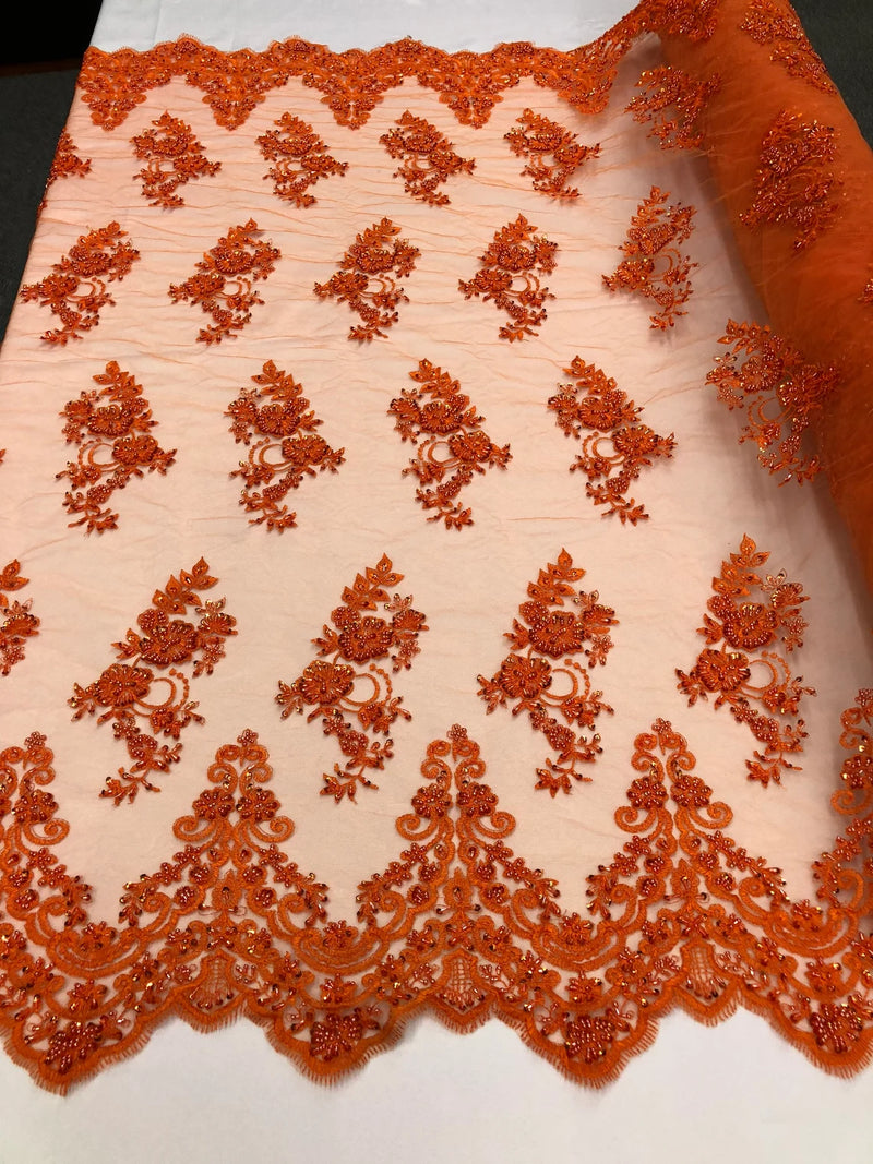 Beaded Bridal Lace - Orange - Sold By The Yard Floral Embroidered Sequins Wedding Fabric