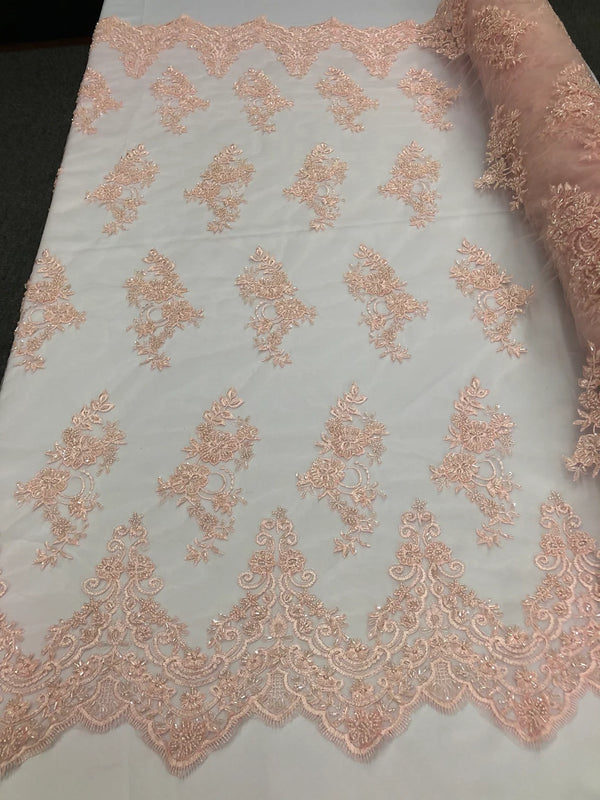 Beaded Bridal Lace - Light Pink - Sold By The Yard Floral Embroidered Sequins Wedding Fabric