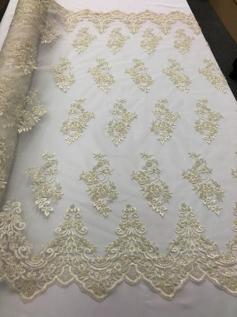 Beaded Bridal Lace - Ivory - Sold By The Yard Floral Embroidered Sequins Wedding Fabric