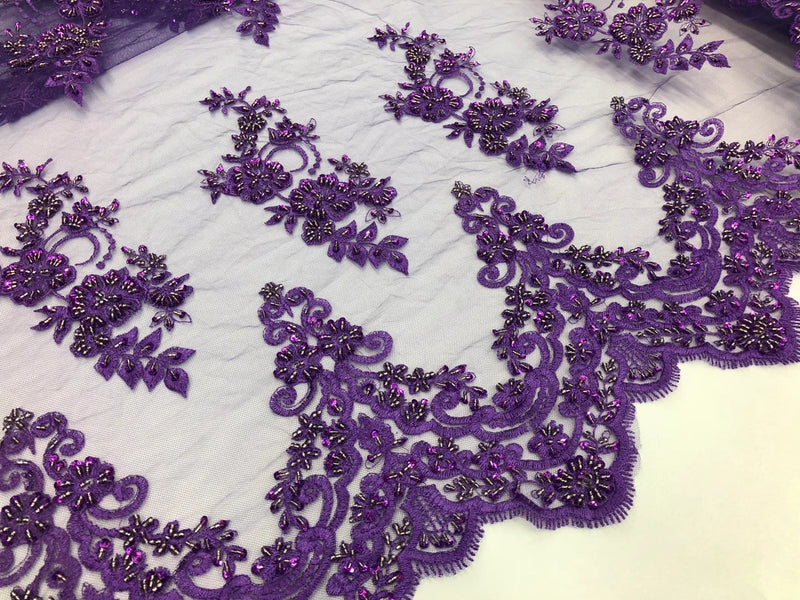 Beaded Bridal Lace - Purple - Sold By The Yard Floral Embroidered Sequins Wedding Fabric