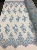 Beaded Bridal Lace - Baby Blue - Sold By The Yard Floral Embroidered Sequins Wedding Fabric