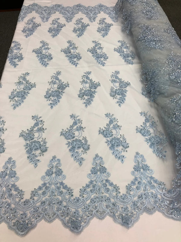 Beaded Bridal Lace - Baby Blue - Sold By The Yard Floral Embroidered Sequins Wedding Fabric