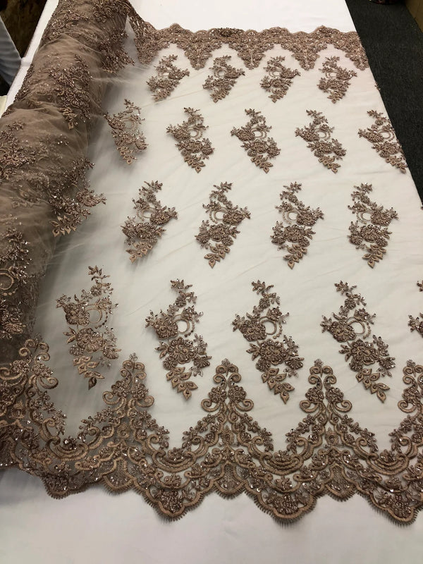 Beaded Bridal Lace - Coffee - Sold By The Yard Floral Embroidered Sequins Wedding Fabric