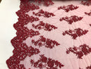 Beaded Bridal Lace - Burgundy - Sold By The Yard Floral Embroidered Sequins Wedding Fabric