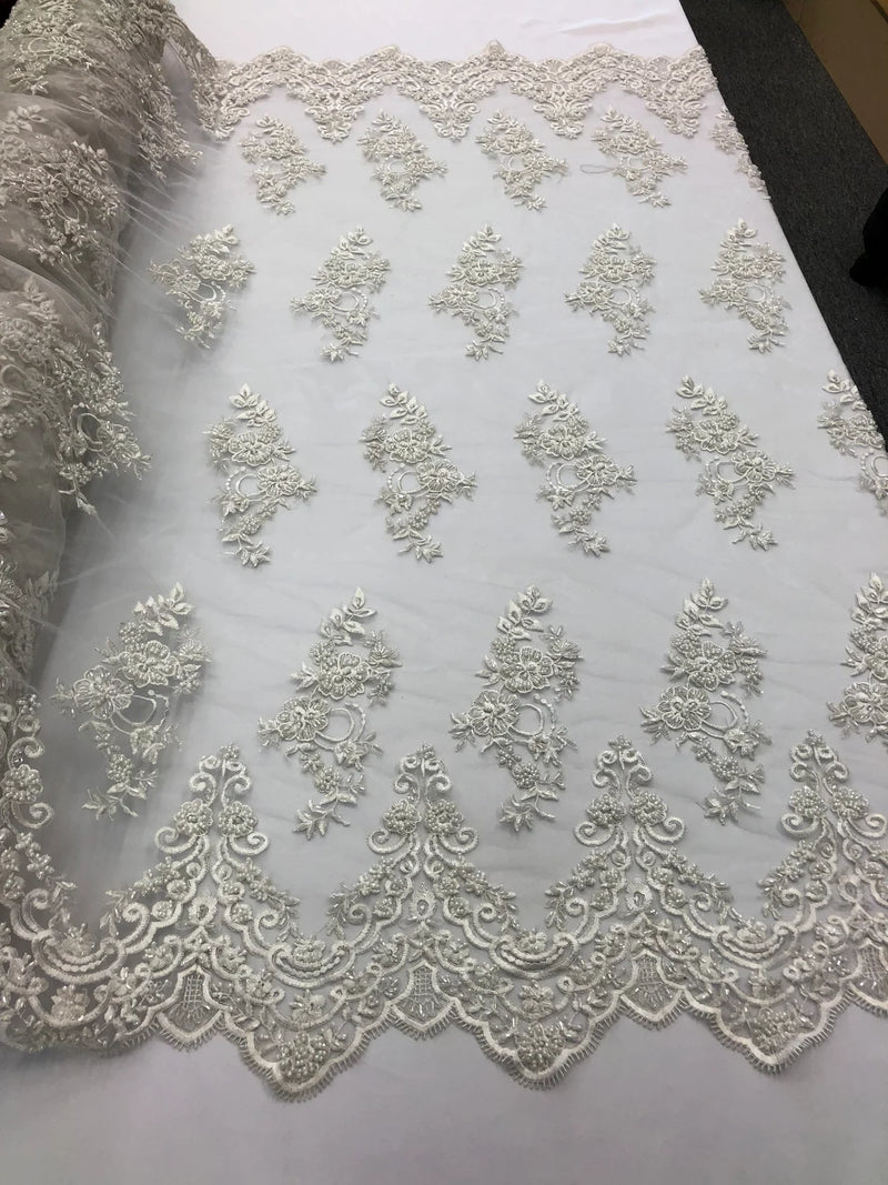 Beaded Bridal Lace - White - Sold By The Yard Floral Embroidered Sequins Wedding Fabric