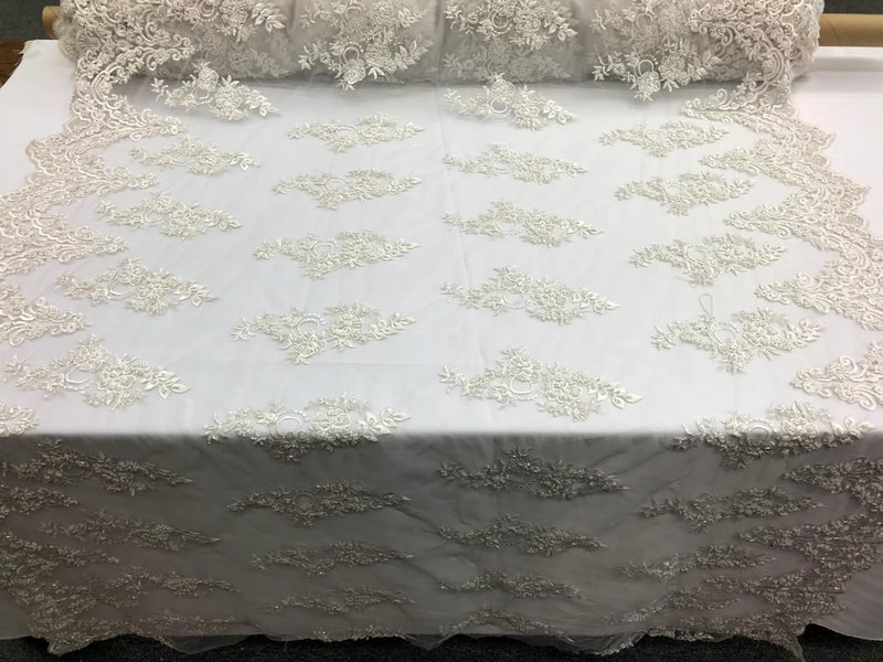 Beaded Bridal Lace - White - Sold By The Yard Floral Embroidered Sequins Wedding Fabric