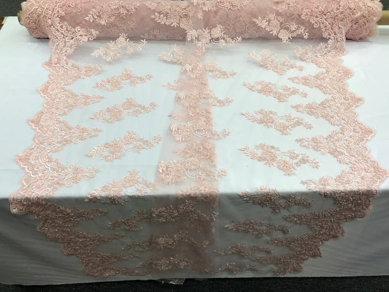 Beaded Bridal Lace - Light Pink - Sold By The Yard Floral Embroidered Sequins Wedding Fabric