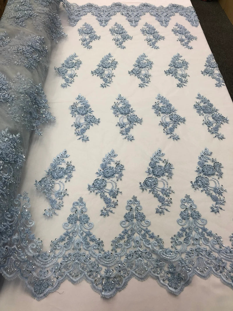 Beaded Bridal Lace - Baby Blue - Sold By The Yard Floral Embroidered Sequins Wedding Fabric