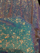 Mini Glitz Sequins - Iridescent Aqua on Nude - Mini Sequins on 4 Way Stretch Lace Mesh Fabric