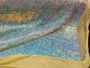 Mini Glitz Sequins - Iridescent Aqua on Light Nude - Mini Sequins on 4 Way Stretch Lace Mesh Fabric