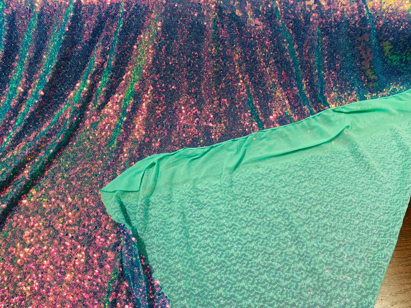 Mini Glitz Sequins - Iridescent Multi-Color on Mint - Mini Sequins 4 Way Stretch Lace Mesh Fabric