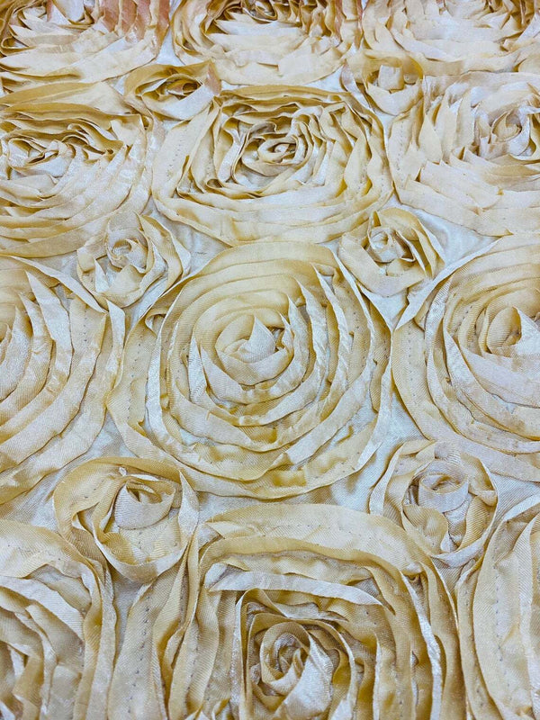 Satin Rosette Fabric - Beige - 3D Rosette Satin Floral Fabric Sold By Yard