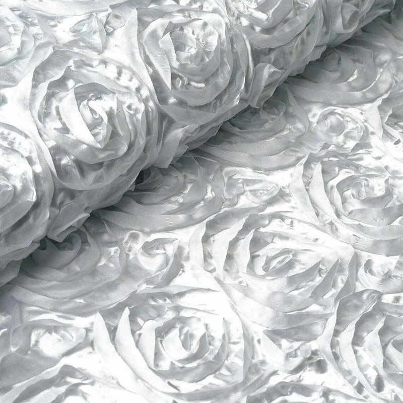 Satin Rosette Fabric - White - 3D Rosette Satin Floral Fabric Sold By Yard
