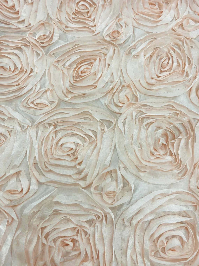 Satin Rosette Fabric - Blush - 3D Rosette Satin Floral Fabric Sold By Yard