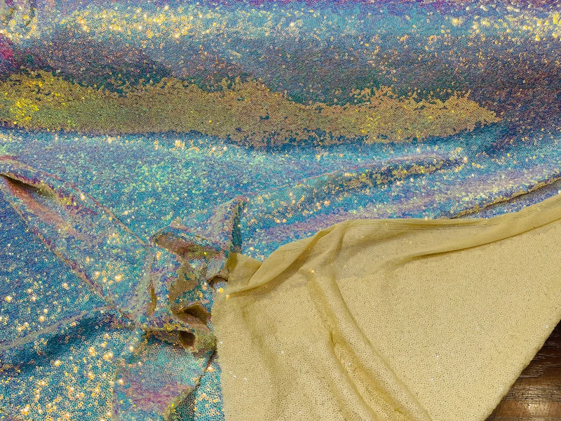 Mini Glitz Sequins - Iridescent Aqua on Light Nude - Mini Sequins on 4 Way Stretch Lace Mesh Fabric