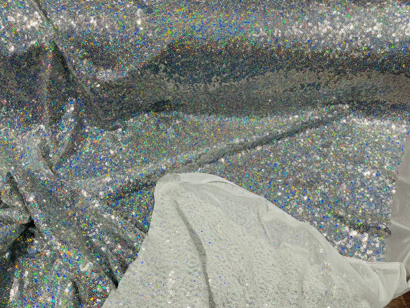 Mini Glitz Sequins - Holographic Silver - Mini Sequins on Blue 4 Way Stretch Lace Mesh Fabric