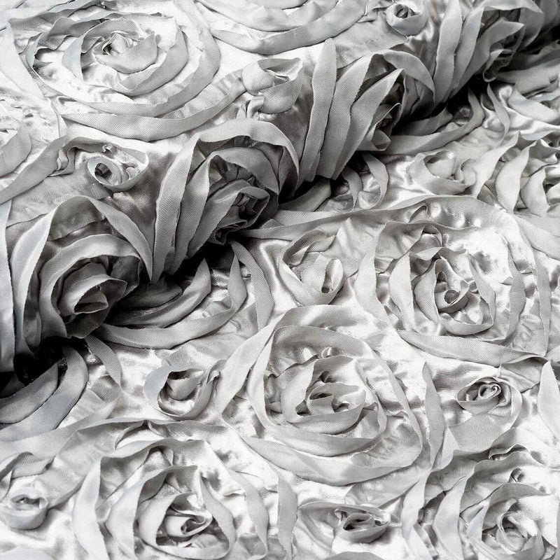 Satin Rosette Fabric - Silver - 3D Rosette Satin Floral Fabric Sold By Yard