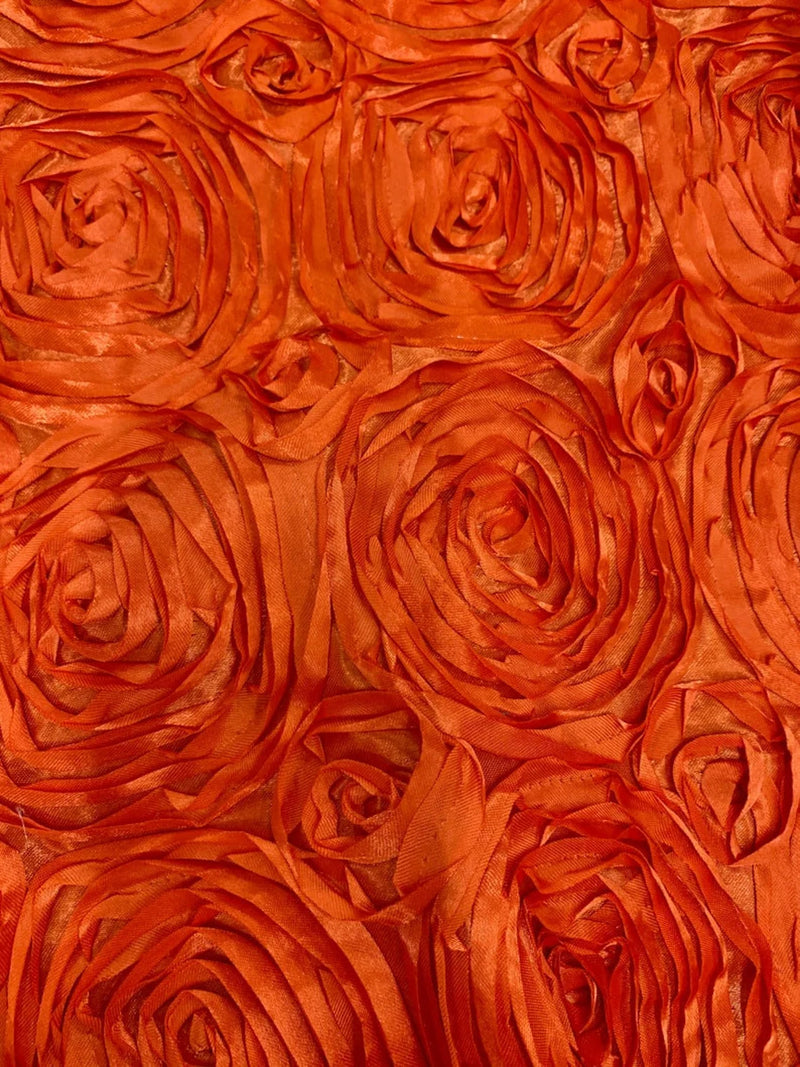 Satin Rosette Fabric - Orange  - 3D Rosette Satin Floral Fabric Sold By Yard