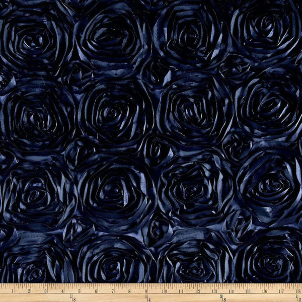 Satin Rosette Fabric - Navy Blue - 3D Rosette Satin Floral Fabric Sold By Yard