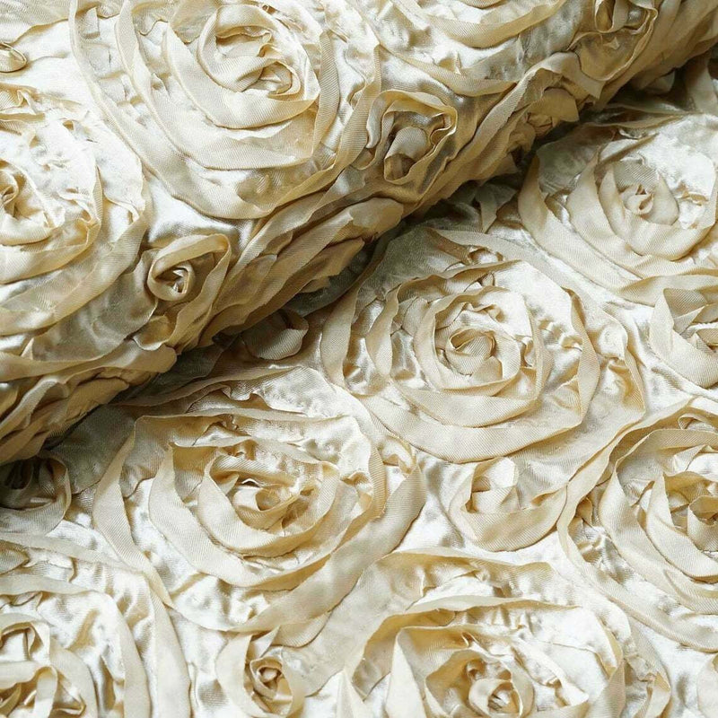 Satin Rosette Fabric - Champagne - 3D Rosette Satin Floral Fabric Sold By Yard